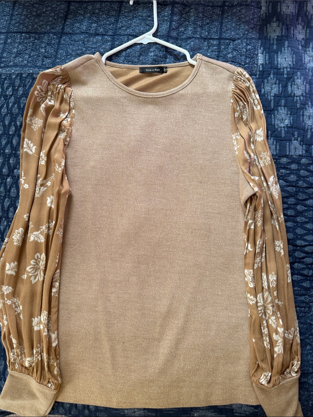 Doe & Rae Tan Knit Top with Pleated Floral Balloon Sleeves